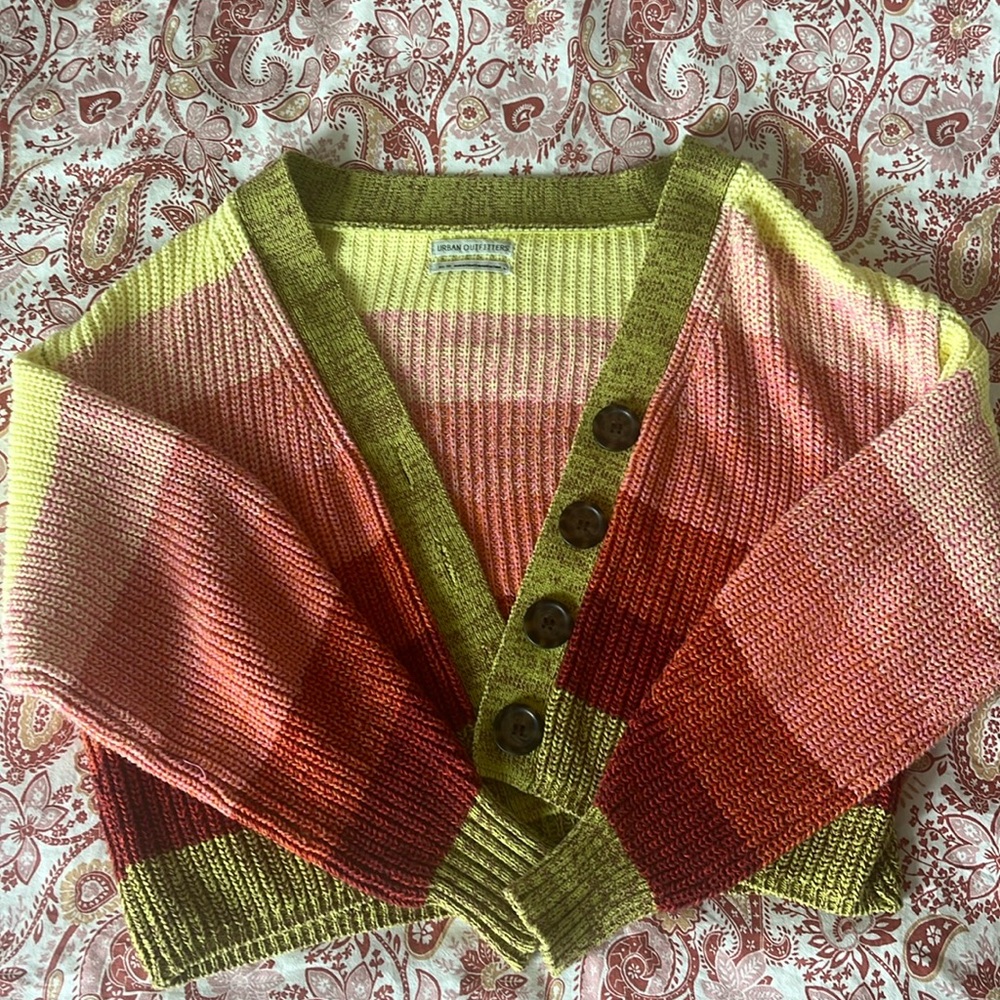 Unworn Urban Outfitters pink and yellow striped cropped knit cardigan, size XS